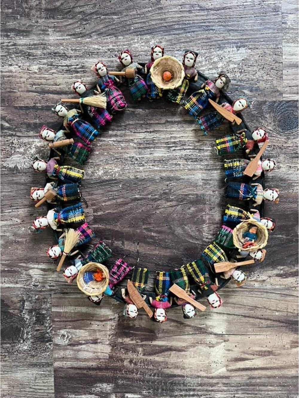 Vintage Guatemalan Worry Doll Wreath | Handmade Folk Art Wall Hanging
